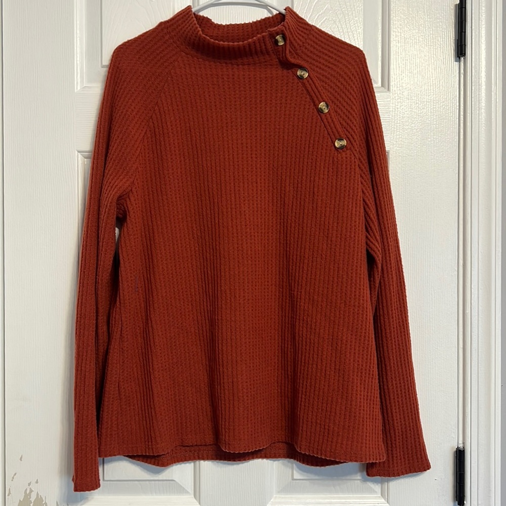 Boutique Rust Long Sleeve Waffle Sweater with Buttons